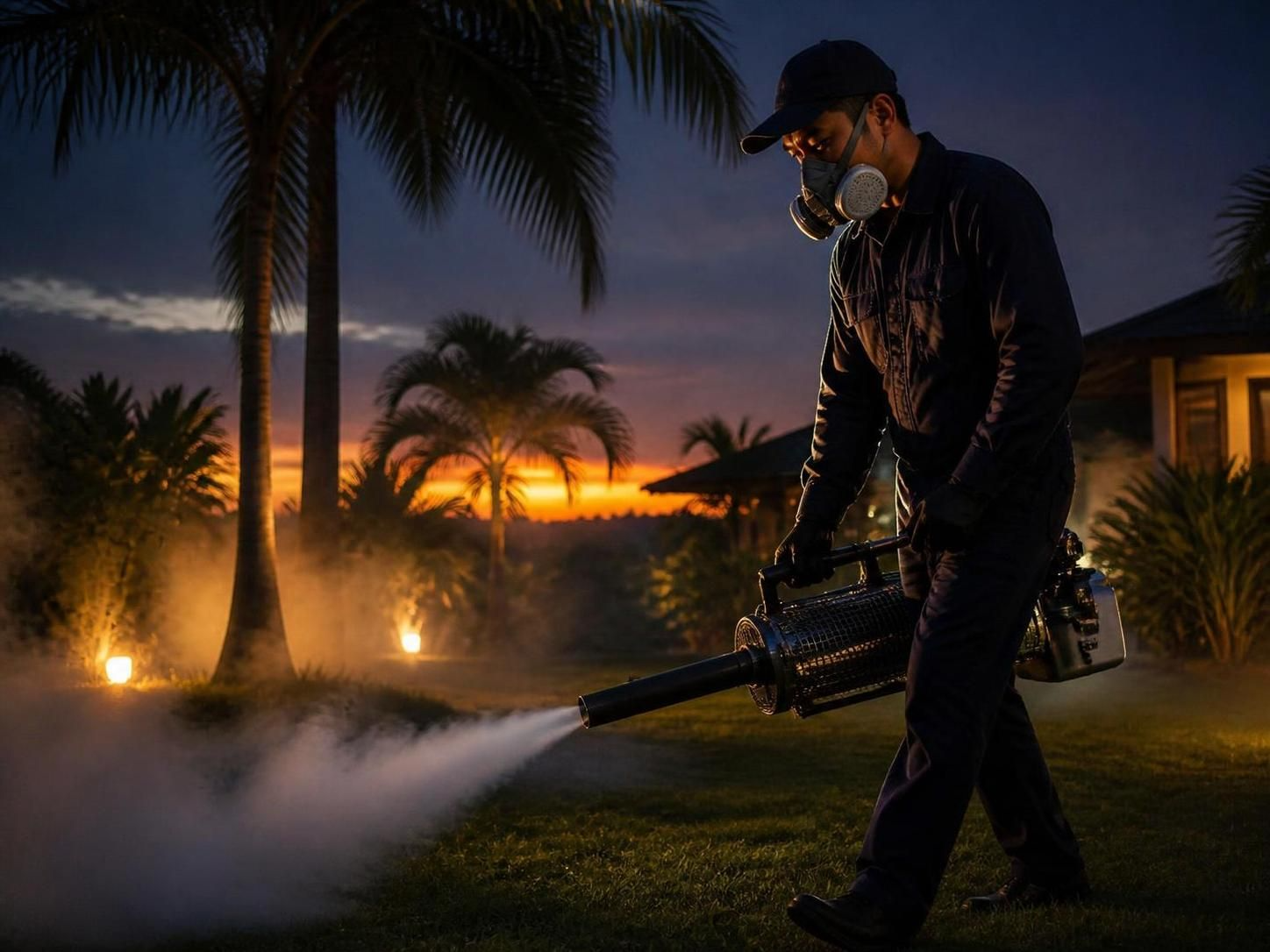 fogging a tropical yard at dusk